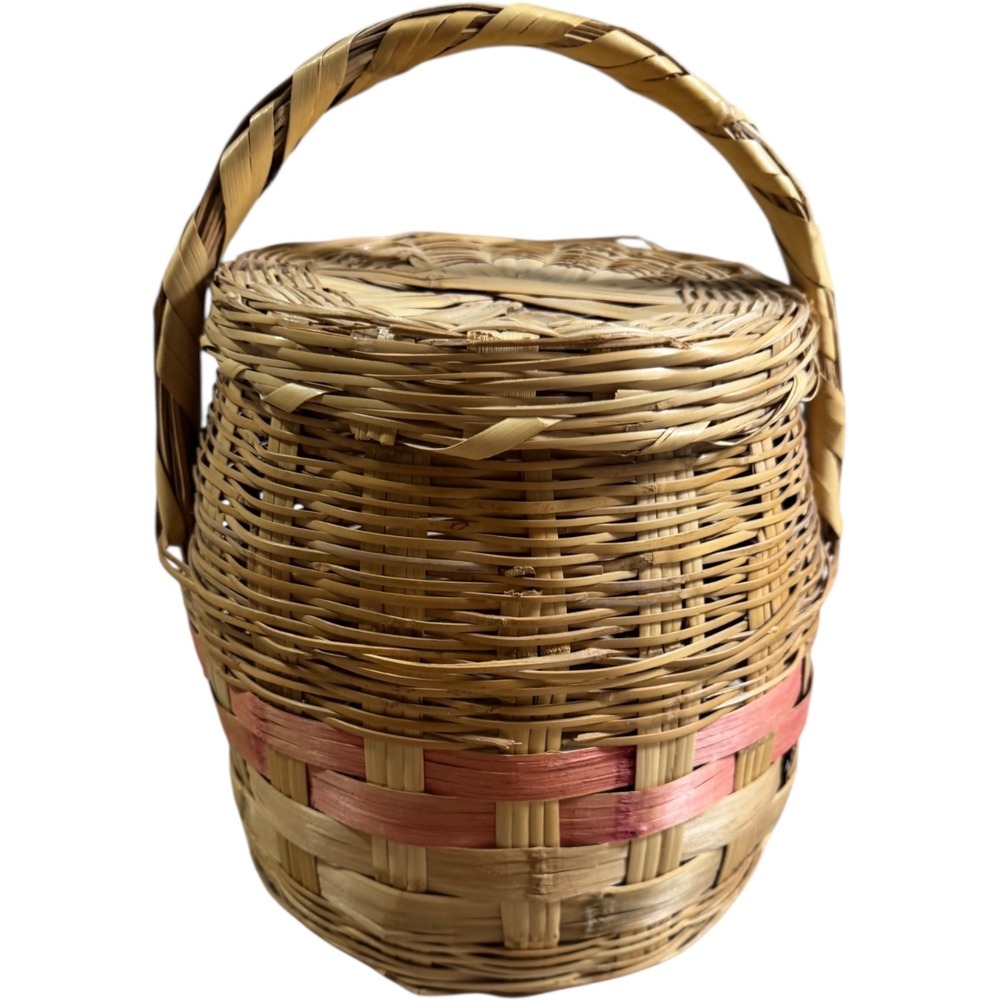 Vtg‎ Handwoven Lidded Splint Basket American Folk Art Storage Basket Red BandEd